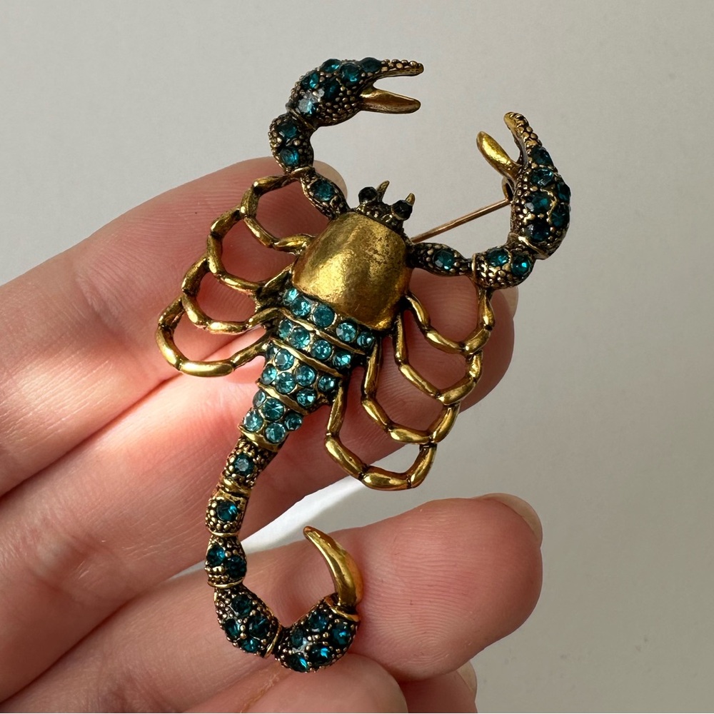 Gold Scorpion Brooch with Blue Rhinestones Vintage-Inspired Pin